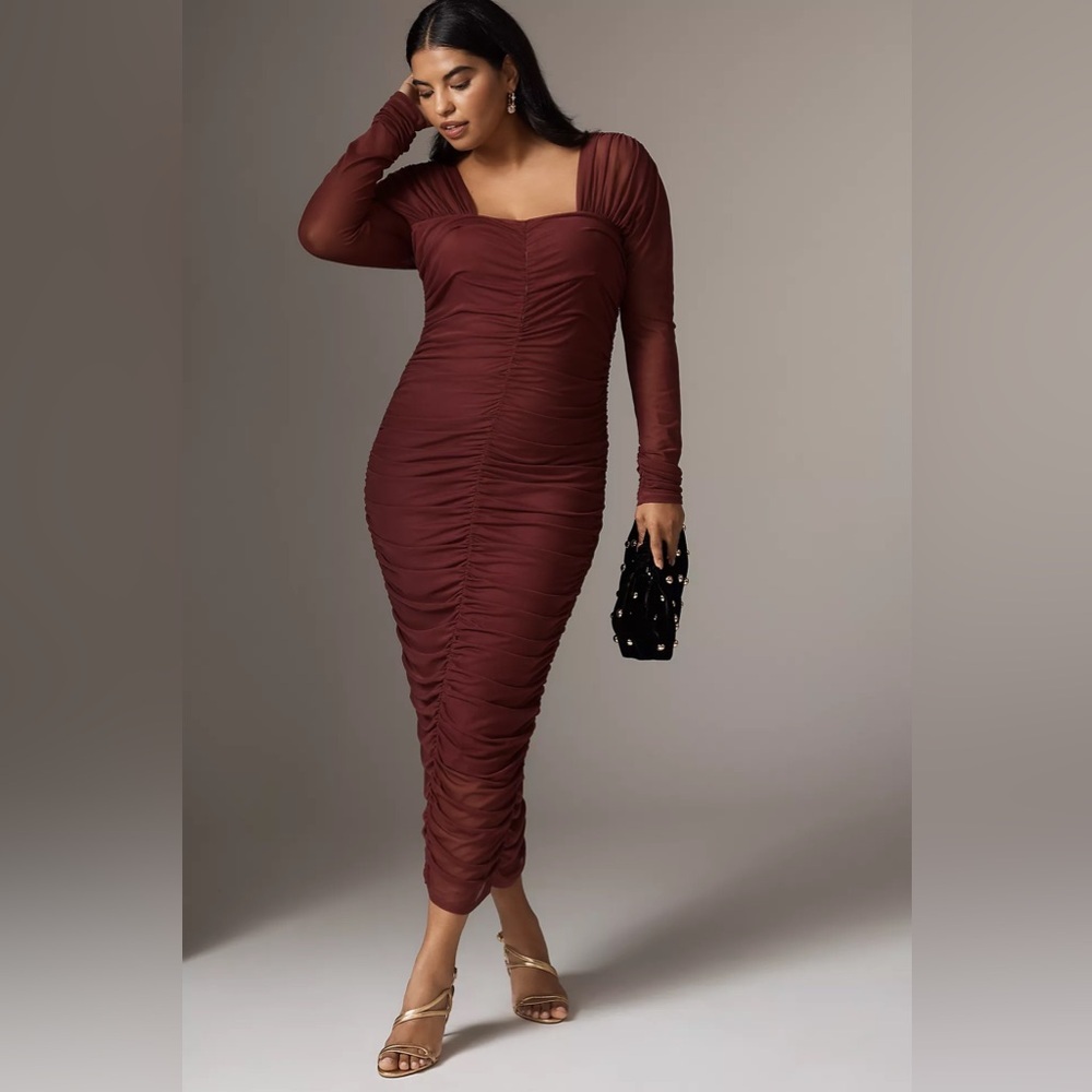 By Anthropologie Long-Sleeve Ruched Slim Midi Dress Pre Owned Burgundy Plum M